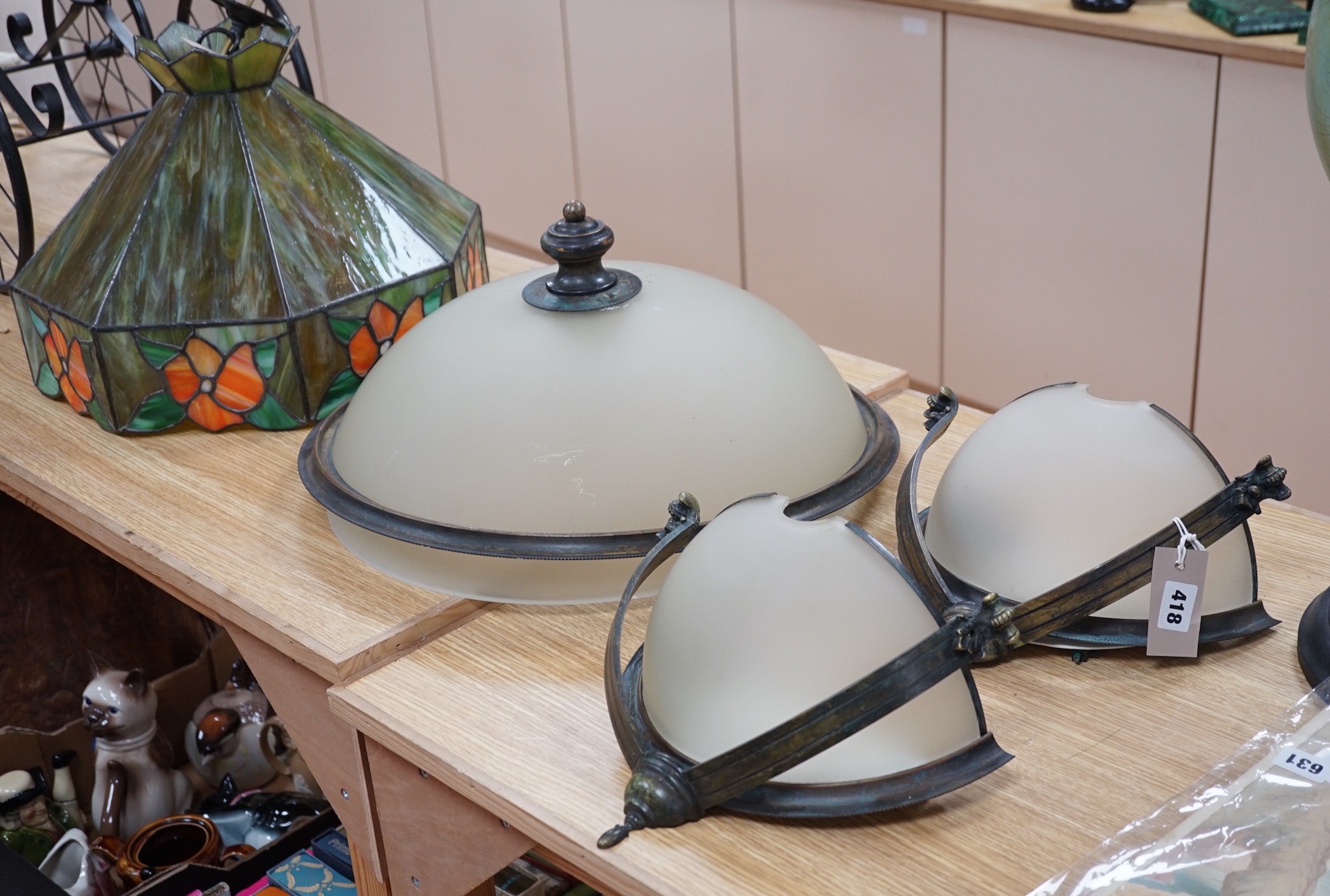 Ceiling dome, pair of matching wall lights and Christopher Wray stained glass light shade